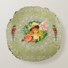 Almofada Redonda Colagem da safra Retro com rendas e flores
