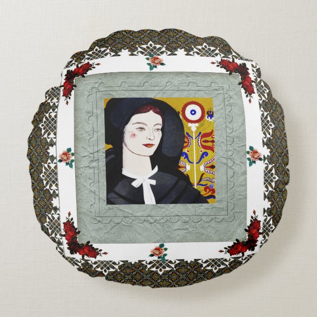 Almofada Redonda Colagem da safra Retro com rendas e flores (Frente)