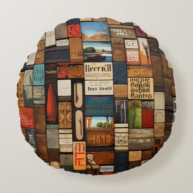Almofada Redonda Colagem de Arte Rustic Book and Sign (Frente)