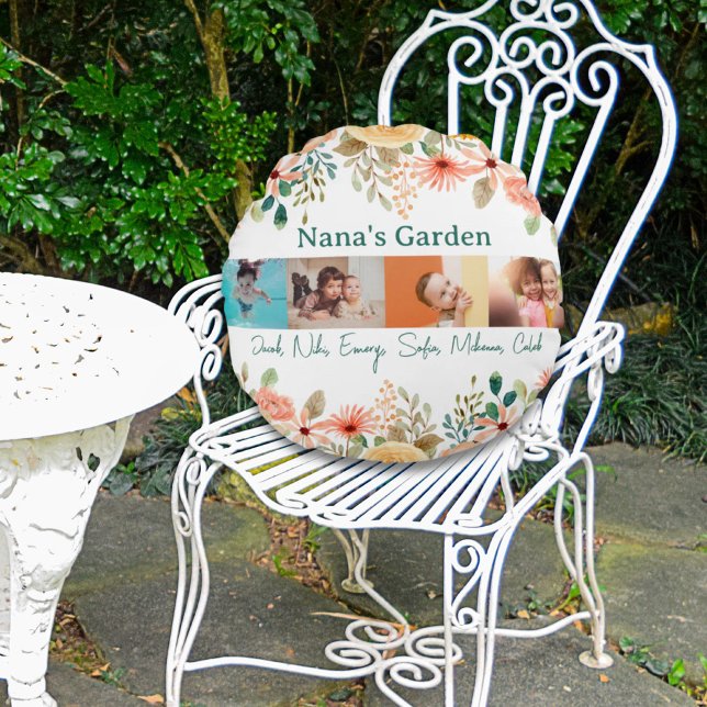 Almofada Redonda Colagem de Fotos Personalizada Nana Grandma's Gard (Personalized Photo Collage Nana Grandma's Garden Round Pillow)