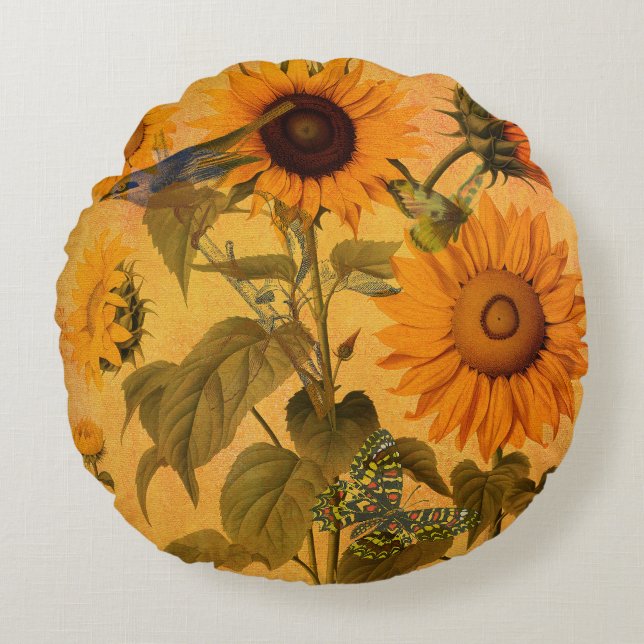 Almofada Redonda Colagem de girassol do Ouro de colheita (Frente)