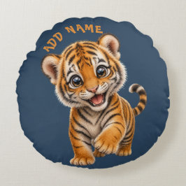 Almofada Redonda Coleção de Animais Bebês Ativos Fofos Tigre Azul