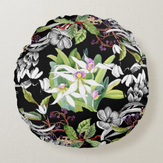 Almofada Redonda Colírio e Orquídeas: Padrão Preto Desenhado
