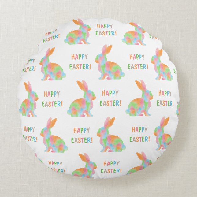 Almofada Redonda Colorful Bunnies Pattern With Happy Easter Text (Frente)