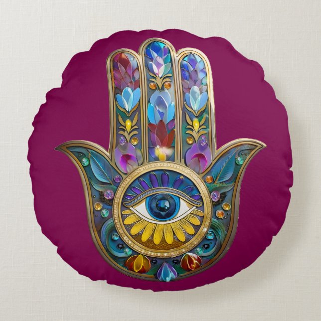 Almofada Redonda Colorful Petals Leaves Hamsa Sapphire Third Eye (Frente)