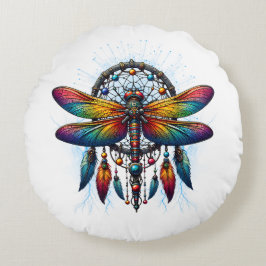 Almofada Redonda Colorful Psychedelic Dragonfly Dreamcatcher Boho
