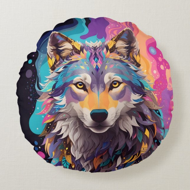 Almofada Redonda Colorida Cinza Wolf Neon Colors (Frente)
