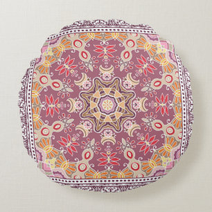 Almofada Redonda Colorida Doodle Ornamental: Padrão Simétrico de Lo
