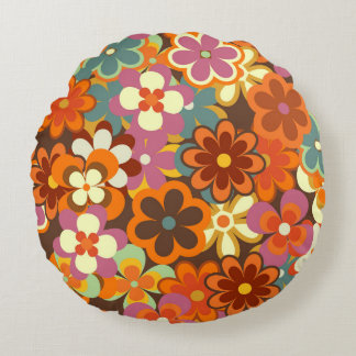 Almofada Redonda Colorida Vintagem Floral Sem Olhos Padrão. Retroat