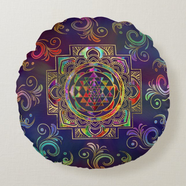 Almofada Redonda Colorido Dourado de cingyantra Sri Chakra (Frente)