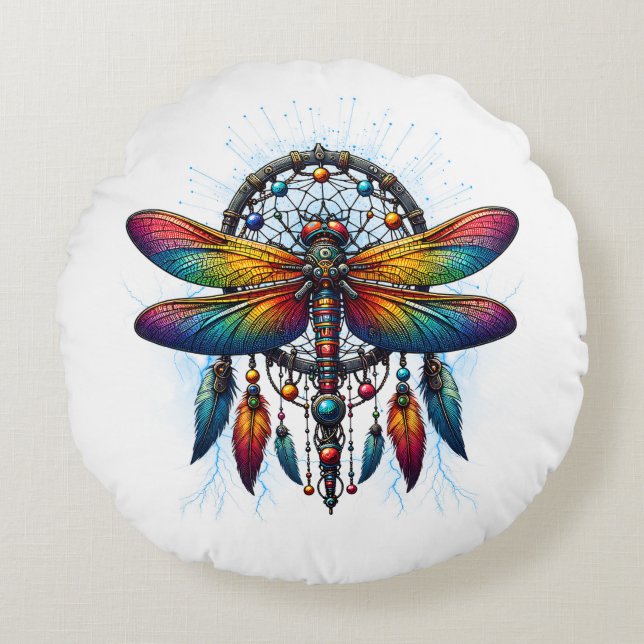 Almofada Redonda Colorido Dreamcatcher de Libélula Psicodélico Boho (Frente)