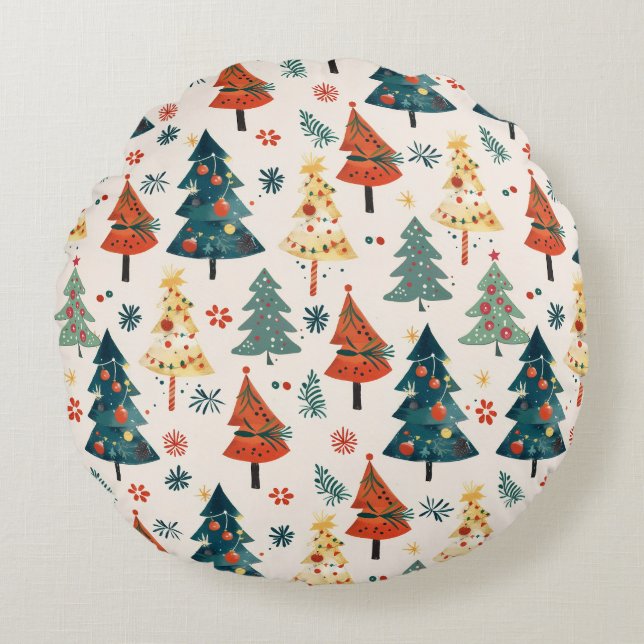 Almofada Redonda Colourful Christmas Pine Trees Seamless Pattern (Frente)