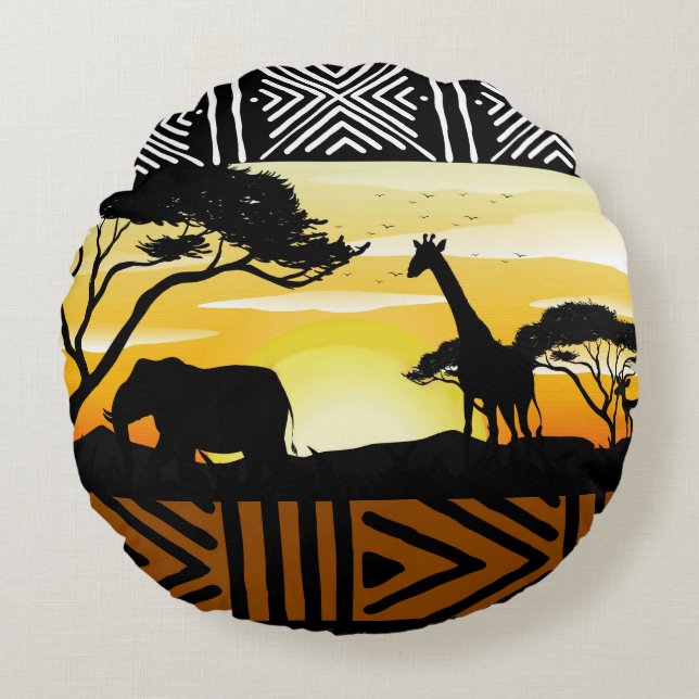 Almofada Redonda com Cena de Safári Africano Impre (Frente)