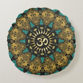 Almofada Redonda com Mandala Tribal Turquesa e Sím
