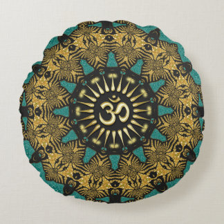 Almofada Redonda com Mandala Tribal Turquesa e Sím