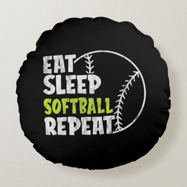 Almofada Redonda Coma Softball Repetitivo de Softball em Cute Vinta (Frente)