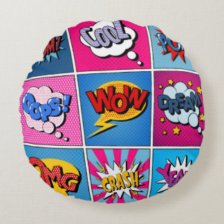 Almofada Redonda Comic Bubbles Set. Expressions Bom, Cool, Pow, Oop