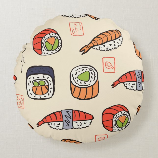 Almofada Redonda Comida sushi, design de padrão uniforme. (Frente)