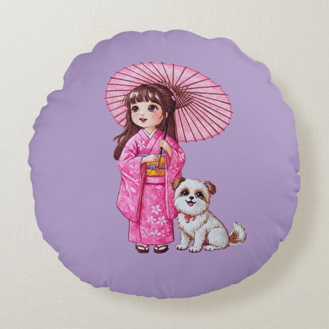 Almofada Redonda Companhias do Blossom: Kimono Girl & Puppy Round P (Frente)