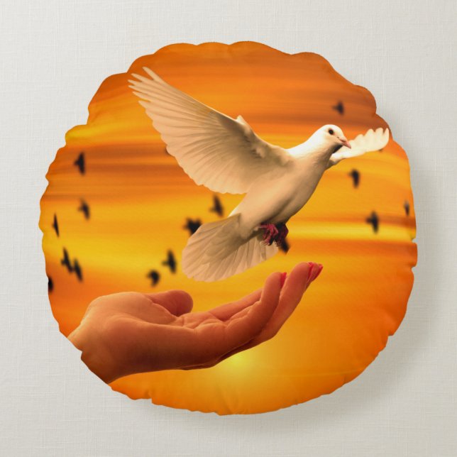 Almofada Redonda Confie em Deus com a Dove na Mão (Frente)
