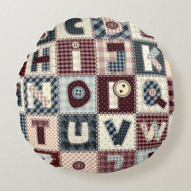 Almofada Redonda Conjunto de letras alfabéticas no estilo de patch. (Frente)