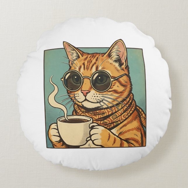 Almofada Redonda Cool Cat Coffee Retro Style Design for Cat Lovers (Frente)