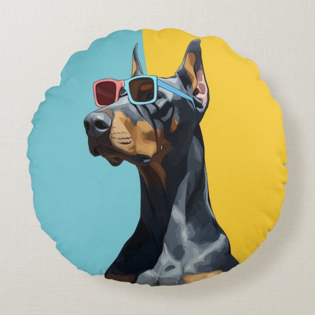 Almofada Redonda Cool Doberman with sunglasses (Frente)