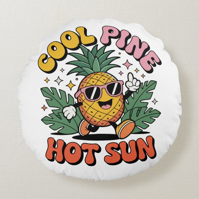 Almofada Redonda Cool Pine Hot Sun Retro Pineapple Summer Vibes  (Frente)