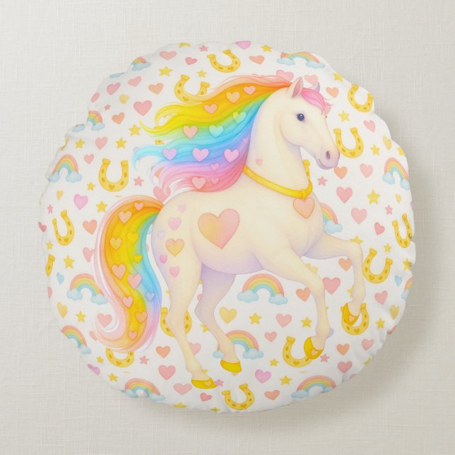 Almofada Redonda Cooper & Cody — Rainbow Horses Throw Pillow (Frente)
