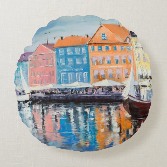 Almofada Redonda Copenhaga num dia brilhante, edifícios coloridos e (Frente)