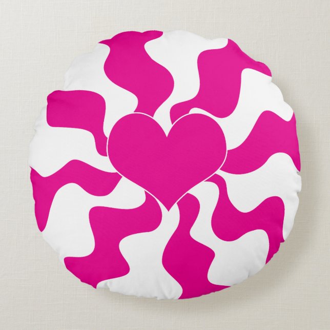 Almofada Redonda Coração do Amor em Magenta e Branco (Frente)