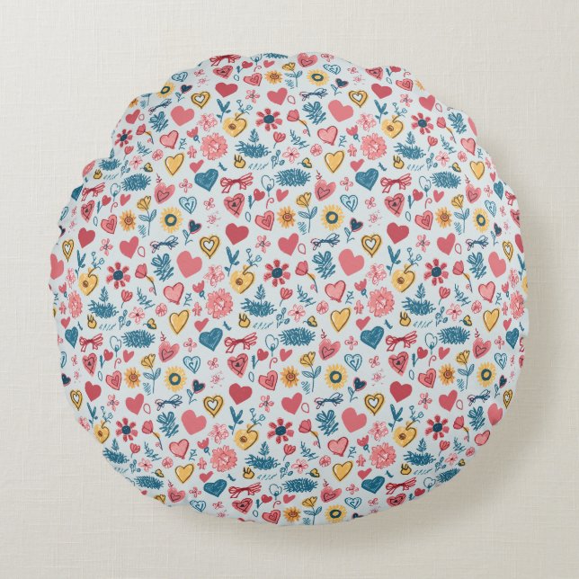 Almofada Redonda Coração e Flores de Pastel Crayon (Frente)