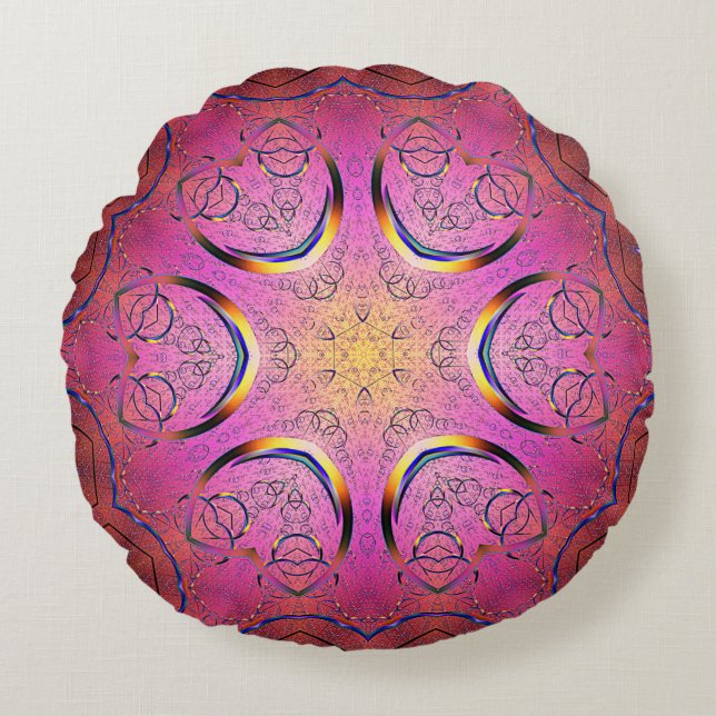 Almofada Redonda Coração Radiante Caleidoscópio (Frente)