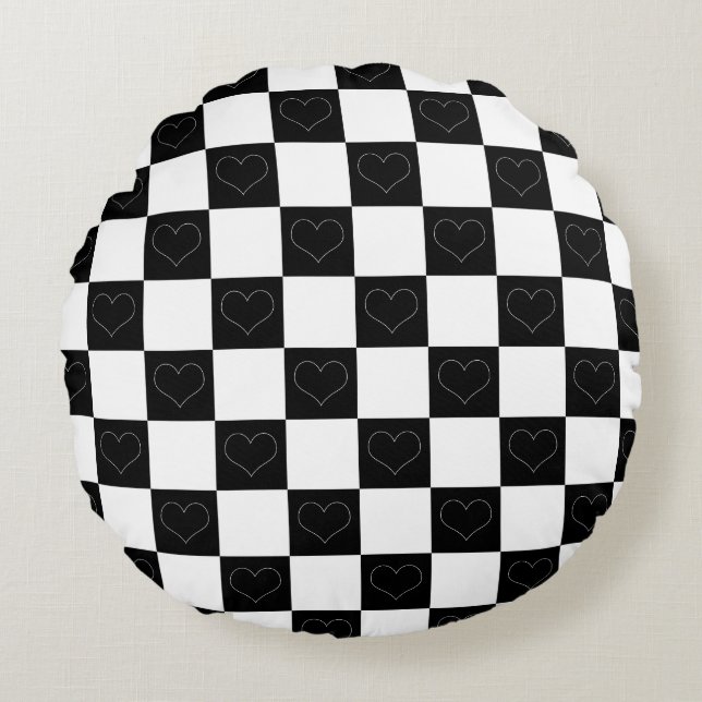 Almofada Redonda Corações da Desktop Board em Preto e Branco (Frente)