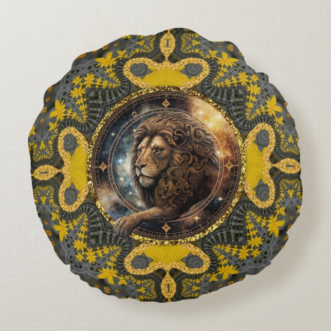 Almofada Redonda Corajoso Leo Zodiac Dourado Amarelo-Mandala (Verso)