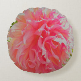 Almofada Redonda Coral Elegante e Dália Decorativa Rosa