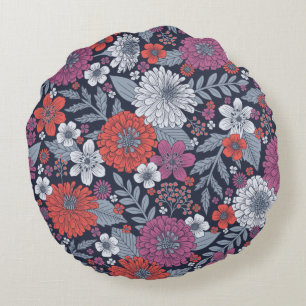 Almofada Redonda Coral, Magenta e Azul Zinnias Floral