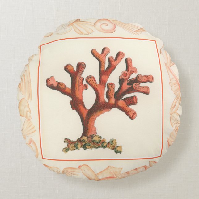Almofada Redonda Coral Vermelho com Borda Conch Shell (Frente)