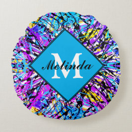 Almofada Redonda Cores da Vida Vívida do Monograma de Abstrato