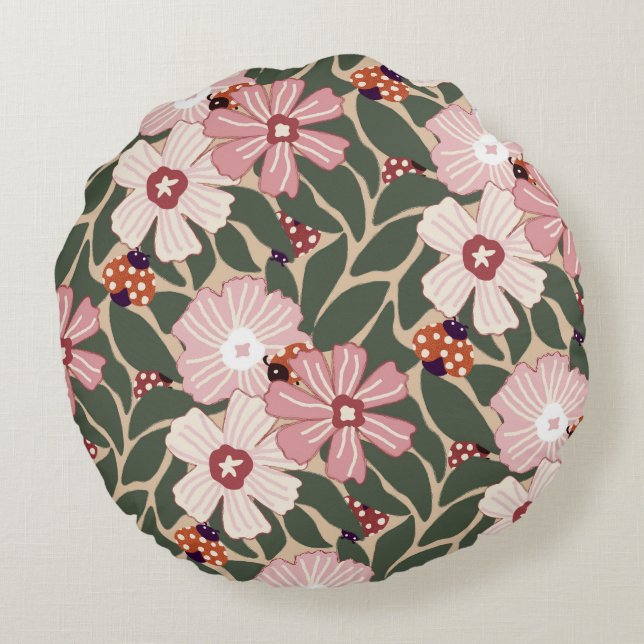 Almofada Redonda Cores Terrenas De Lâmpadas E Flores Selvagens (Verso)