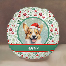 Almofada Redonda Corgi Art com Papai Noel e Padrão de Natal
