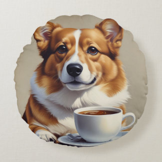 Almofada Redonda Corgi com café