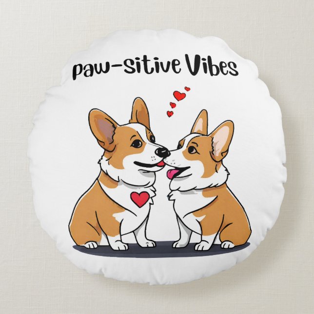 Almofada Redonda Corgis Vibes no Amor (Frente)