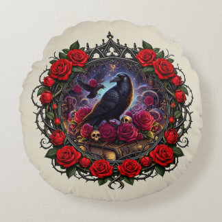Almofada Redonda Coroa de Rosa de Corvo Gótico da Dark Academia