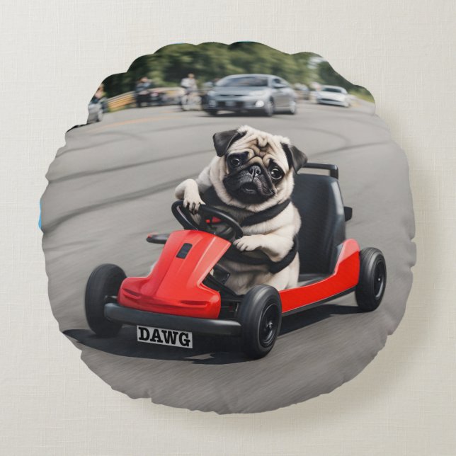 Almofada Redonda Corrida Pug go-kart (Frente)