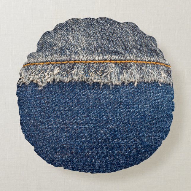 Almofada Redonda Cortina Laranja, Patch Duplo De Denim. (Frente)