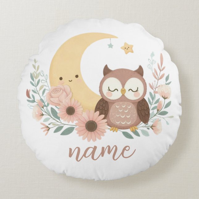 Almofada Redonda Coruja-bebê bonita com lua (Frente)