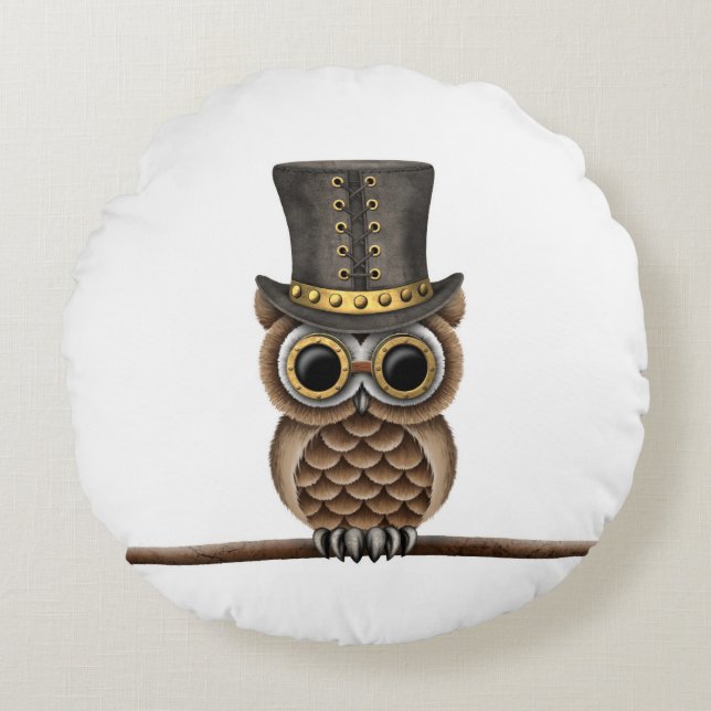 Almofada Redonda Coruja bonito de Steampunk em um ramo no branco (Frente)