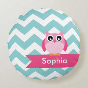 Almofada Redonda Coruja Rosa-Rosa Chevron Personalizada