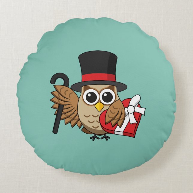 Almofada Redonda Coruja sofisticada com caixa de chocolate cardíaco (Frente)